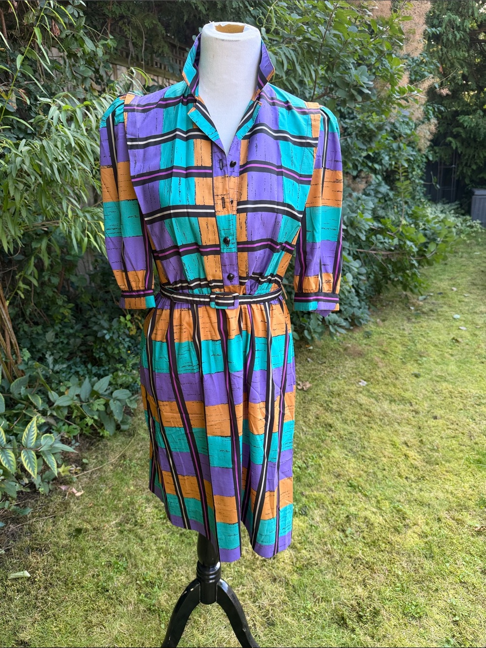 80’s NuMode Teal Purple and Mustard Striped Shirt Dress